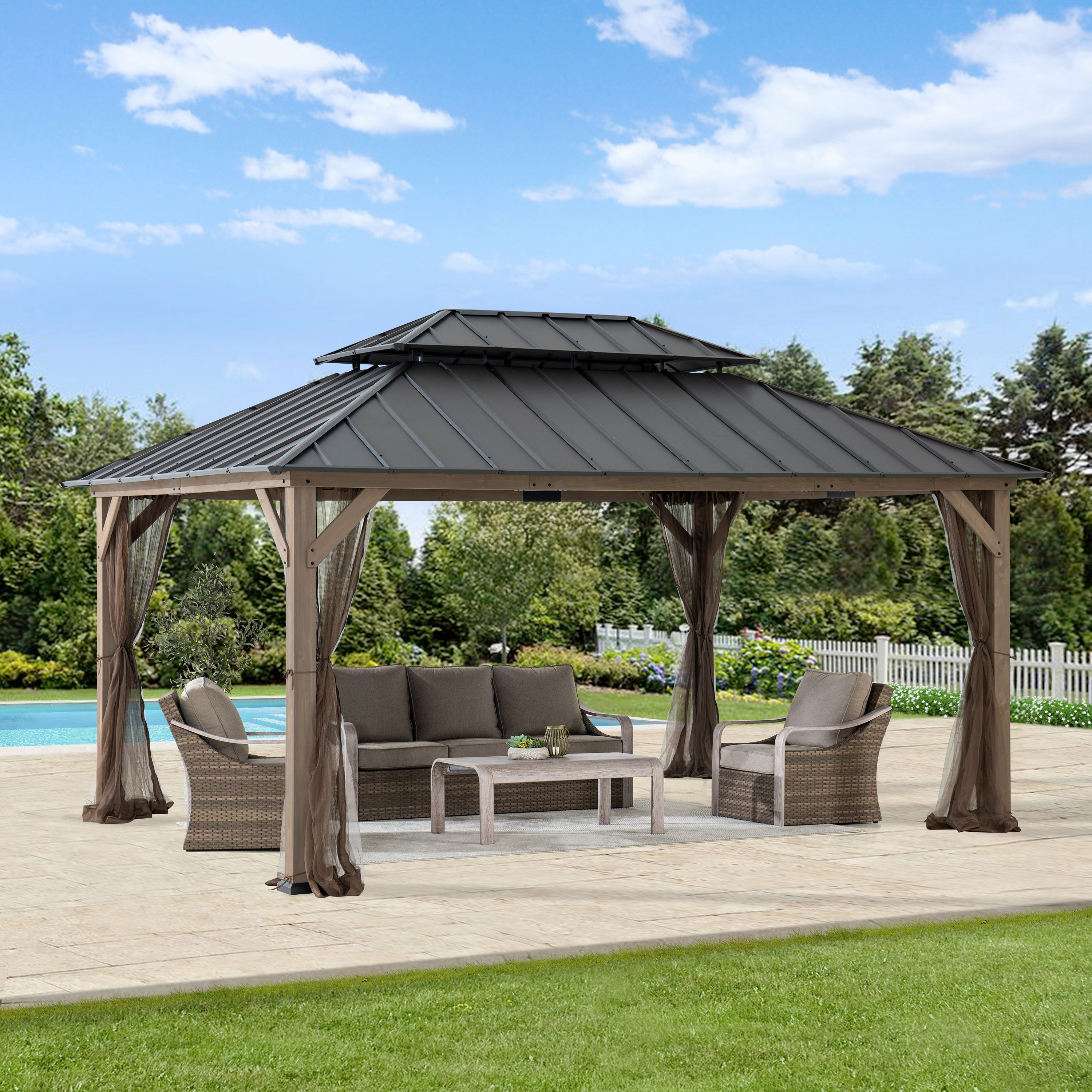 SUNJOY 12x16 Cedar Wood Gazebo with Galvanized Steel Roof